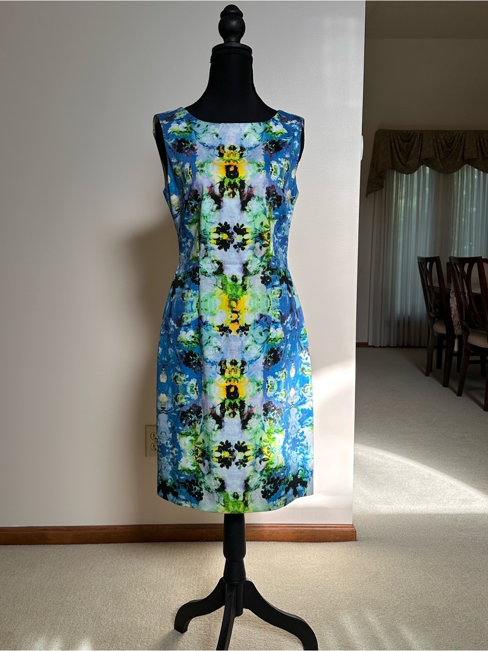 ANTONIO MELANI Blue, Green & Yellow Floral Midi Sheath Dress